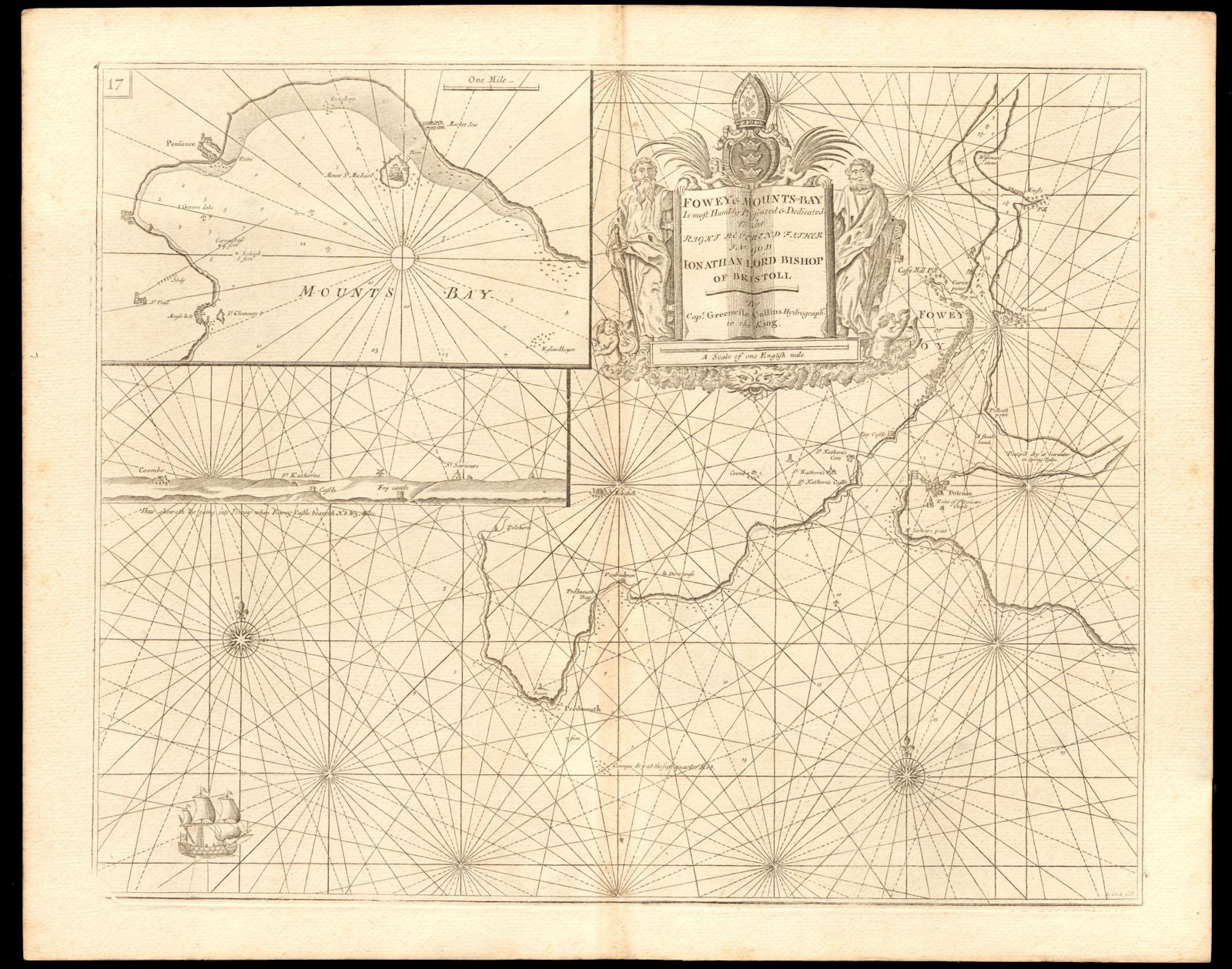 'FOWEY & MOUNTS BAY' sea chart. Polruan Bodinnick Penzance. COLLINS c1774 map